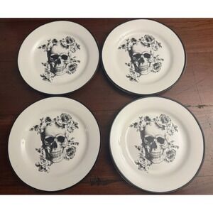 Set of 4 Ciroa Floral Wicked Porcelain‎ Skull Plates 8 1/8"